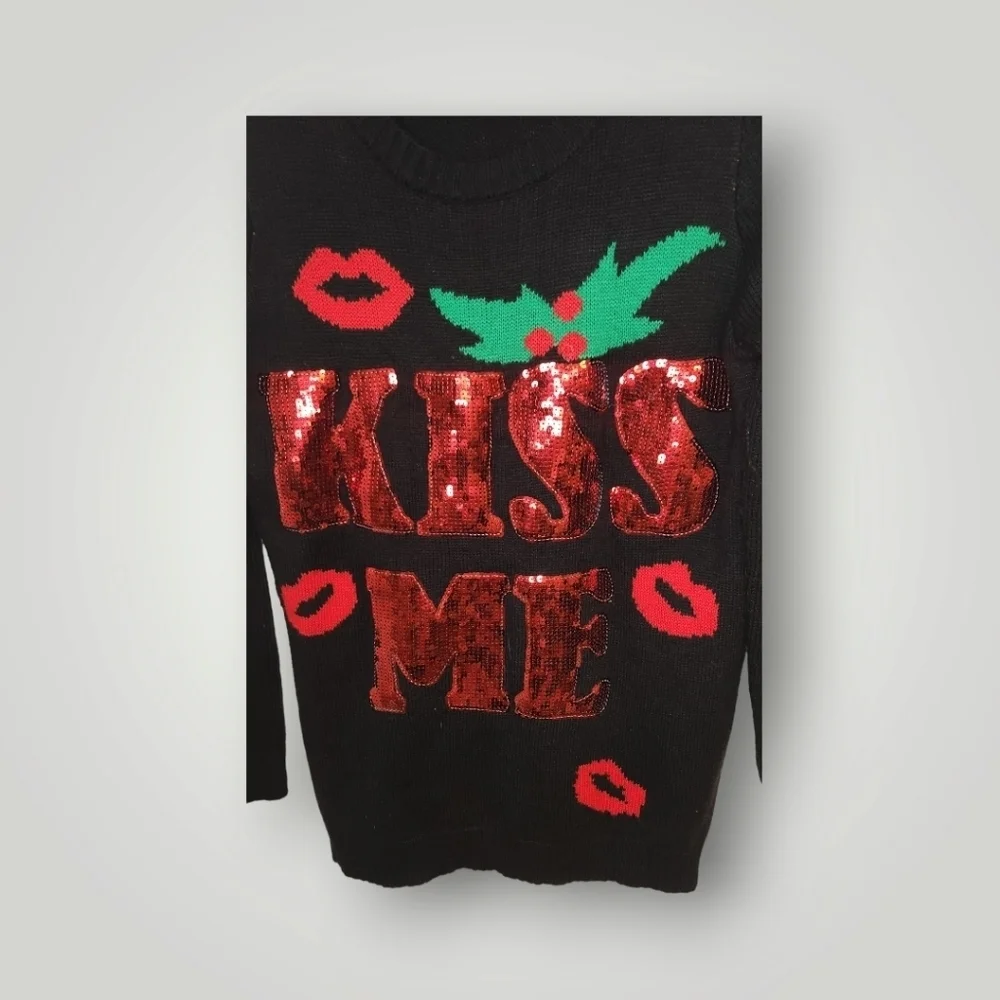 Womens Ugly Christmas Sweater Small Black Kiss Me Mistletoe Sequins Large